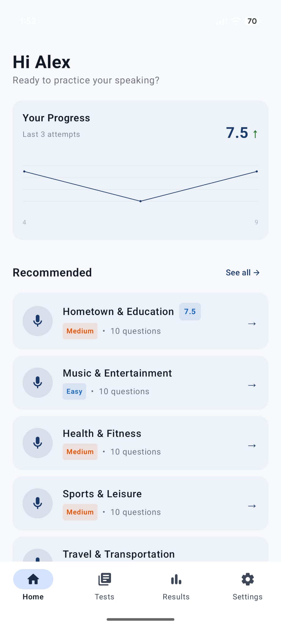 IELTS speaking practice progress tracking with score chart and test history