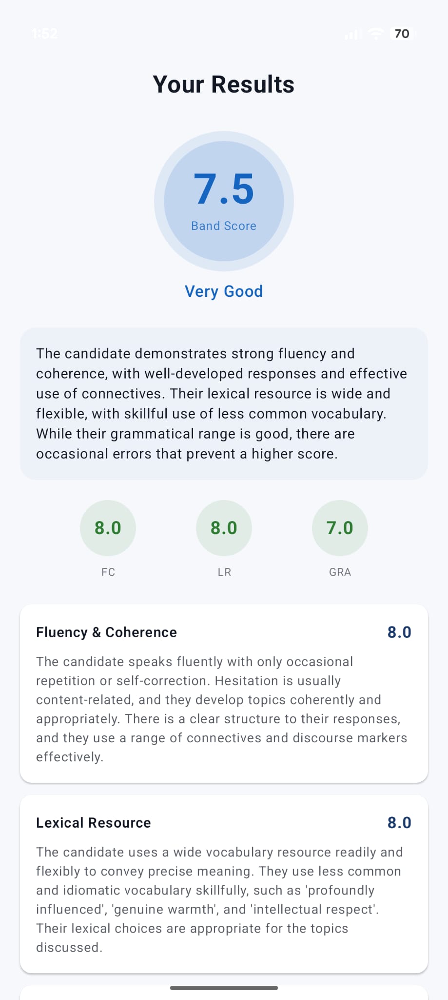IELTS speaking AI band score results showing Fluency Vocabulary and Grammar scores