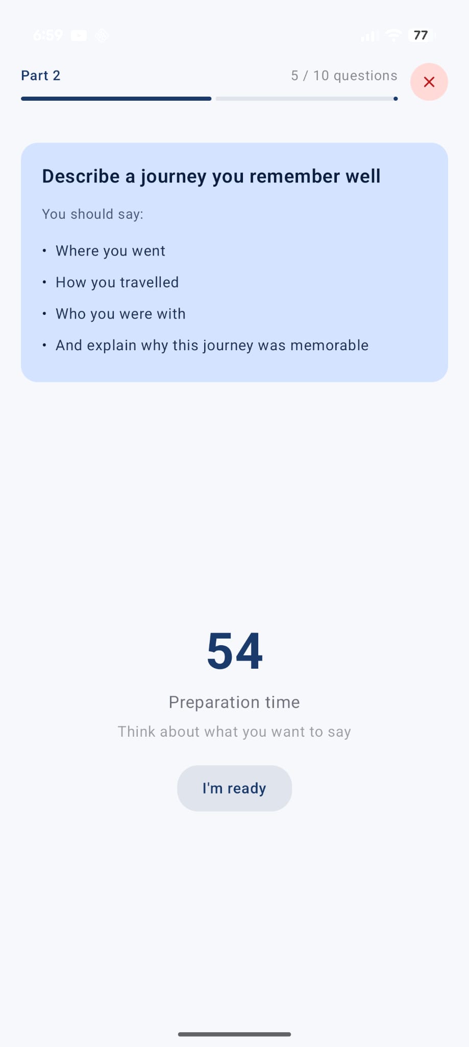 IELTS speaking Part 2 cue card practice with preparation timer in IELTS MySpeaking app